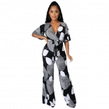 Black Short Sleeve V-Neck Printed Women Fashion Jumpsuit