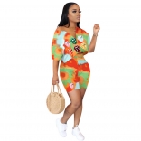 Orange Short Sleeve Printed V-Neck 2PCS Pant Sets