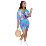 Blue Short Sleeve Printed V-Neck 2PCS Pant Sets