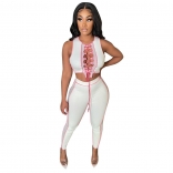 White Sleeveless Lace-up V-Neck Mesh 2PCS Sexy Jumpsuit