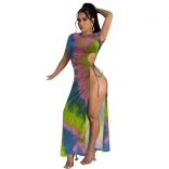 Blue Green Short Sleeve Printed Slit Women Sexy Maxi Dress