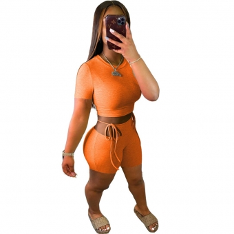Orange Short Sleeve O-Neck 2PCS Women Sexy Clubwear