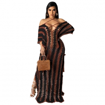 Black Short Sleeve V-Neck Bandage Knitting Nets Beach Dress