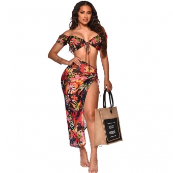 Black Short Sleeve V-Neck Printed Mesh Sexy Skirt Dress
