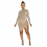 Beige Long Sleeve Mesh Rainstones Pearls Sexy Bodycon Dress