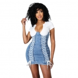 White Short Sleeve V-Neck Jeans Bandage Mini Dress