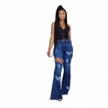 Blue Hollow-out Jeans Women Long Pants