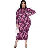 Red Long Sleeve O-Neck Printed Plus Size Midi Dress