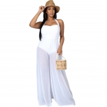 White Halter Boat-Neck Sleeveless Mesh Women Jumpsuit