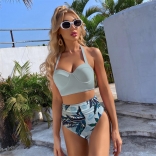 Blue Halter Sexy High Waist Printed Swimwear