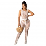 White Sleeveless Knitting Nets Women Party Jumpsuit Dress