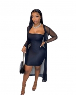 Black Long Sleeve Boat-Neck Mesh 2PCS Bodycon Mini Dress