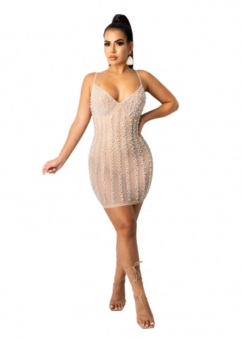 Beige Halter V-Neck Mesh Rainstones Bodycon Mini Dress