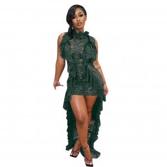 Green Sleeveless Halter Lace Hollow-out Sexy Maxi Dress