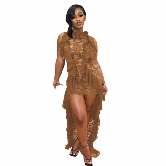 Brown Sleeveless Halter Lace Hollow-out Sexy Maxi Dress