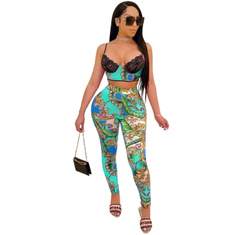 Blue Sleeveless Halter Low-Cut Lace Bra Printed Sexy Jumpsuit