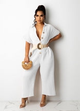 White Short Sleeve Deep V-Neck Botton Women Jumpsuit