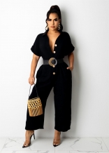 Black Short Sleeve Deep V-Neck Botton Women Jumpsuit