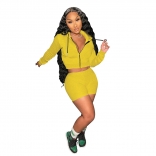 Yellow Long Sleeve Zipper Hoody Sexy Pant Sets