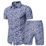 LightBlue Short Sleeve Printed Men's Fashion T-Skirt Sets