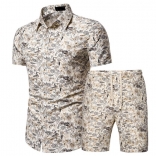 Beige Short Sleeve Printed Men's Fashion T-Skirt Sets