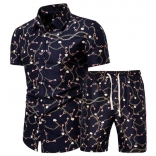 DarkBlue Short Sleeve Printed Men's Fashion T-Skirt Sets