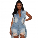 LightBlue Sleeveless V-Neck Botton Sexy Jeans Rompers