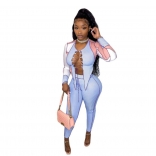 Blue Long Sleeve Deep V-Neck Bandage 2PCS Women Jumpsuit