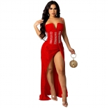 Red Off-Shoulder V-Neck Sequins Pearls Mesh Maxi Dress