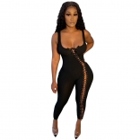 Black Halter Low-Cut Lace-up Bandage Women Sexy Jumpsuit