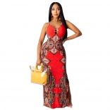 Red Sleeveless Halter V-Neck Printed Women Maxi Dress