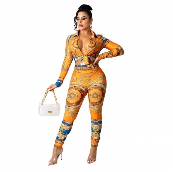 Yellow Long Sleeve V-Neck Printed Bodycons Women Sexy Jumpsuit