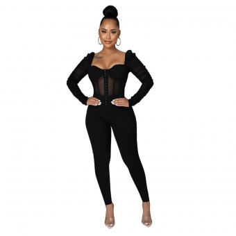 Black Long Sleeve Low-Cut Mesh Sexy Jumpsuit