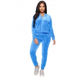 Blue Long Sleeve V-Neck Zipper Velvet Women Catsuit Dress