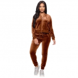 Brown Long Sleeve V-Neck Zipper Velvet Women Catsuit Dress