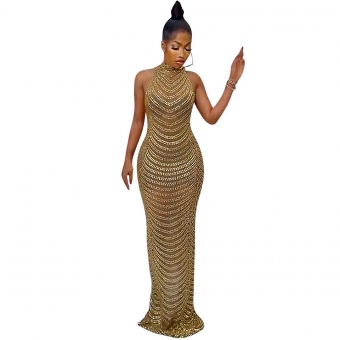 Golden Sleeveless O-Neck Mesh Rhinestone Wonen Evening Long Dress