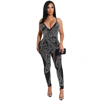 Black Halter V-Neck Sleeveless Rhinestone Women Bodycons Jumpsuit