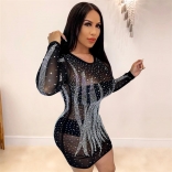 Black Long Sleeve Mesh Sexy Women Rhinestone Mini Club Dress