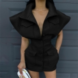 Black Deep V-Neck Buttom Scuba Knitting Women Mini Dress