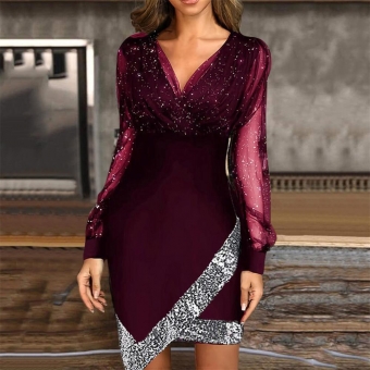 Red Mesh Long Sleeve V-Neck Women Sexy Mini Dress