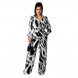 Black Long Sleeve V-Neck Printed Fashion Women Jumpsuit