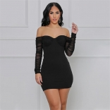 Black Off-Shoulder Long Sleeve Mesh Sexy Bodycons Dress