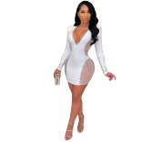 White Long Sleeve Deep V-Neck Mesh Rhinestone Bodycons Dress