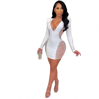 White Long Sleeve Deep V-Neck Mesh Rhinestone Bodycons Dress
