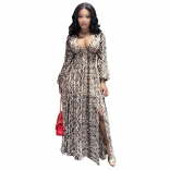 Khaki Long Sleeve Low-Cut V-Neck Printed Leopard Maxi Dress