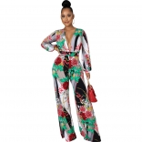 Green Seven Sleeve V-Neck Botton Printed Women Jumpsuit