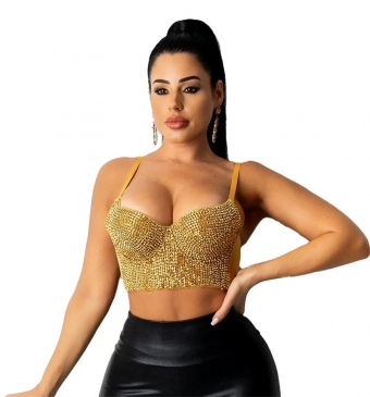 Golden Sleeveless Halter Low-Cut Rhinestone Sexy Tops