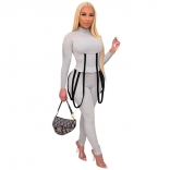 Grey Long Sleeve O-Neck Belt 2PCS Bodycons Women Sexy Jumpsuit