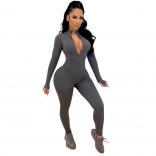 Grey Long Sleeve Zipper Bodycons Women Sexy Jumpsuit