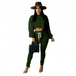 Green Long Sleeve O-Neck Cotton 2PCS Women Jumpsuit